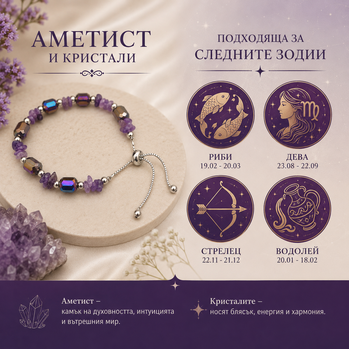 Гривна Аметист и кристали 05386