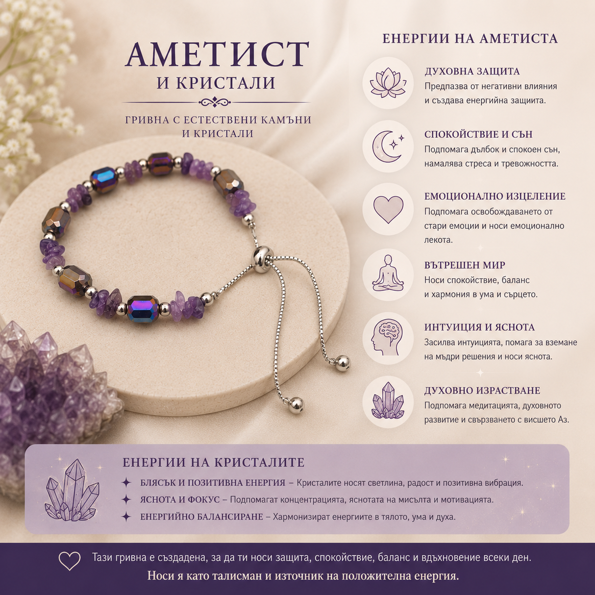 Гривна Аметист и кристали 05386
