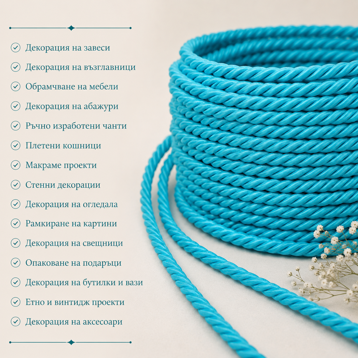 10 /50 метра Декоративно въже /8мм/-тюркоазено синьо 05476