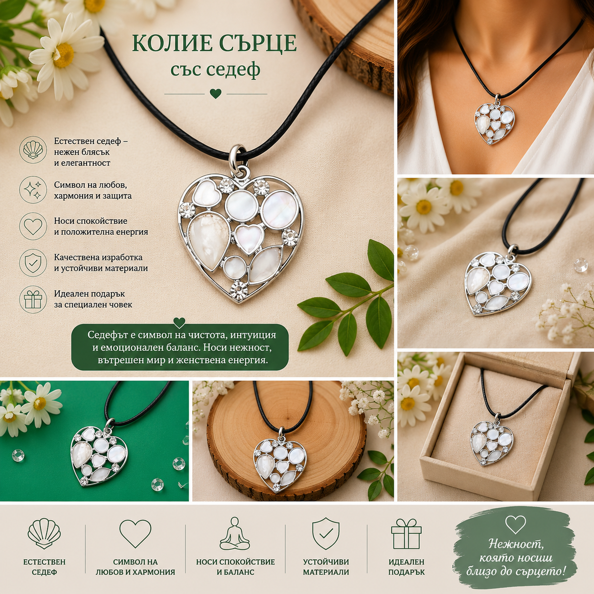 Колие Сърце със седеф и кристали 05349