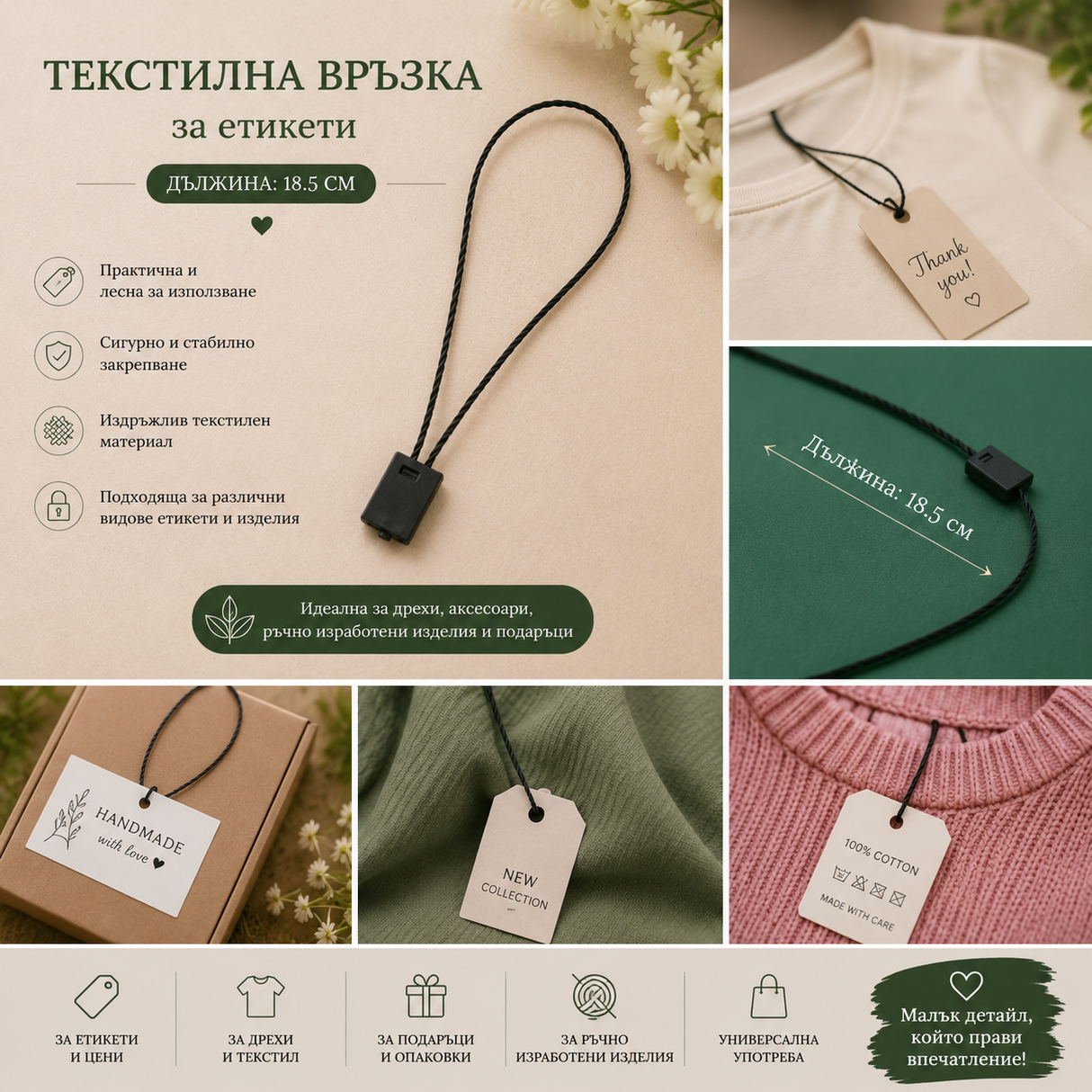 100/1000 броя Текстилна връзка за етикети 18.5 см – черна 05350