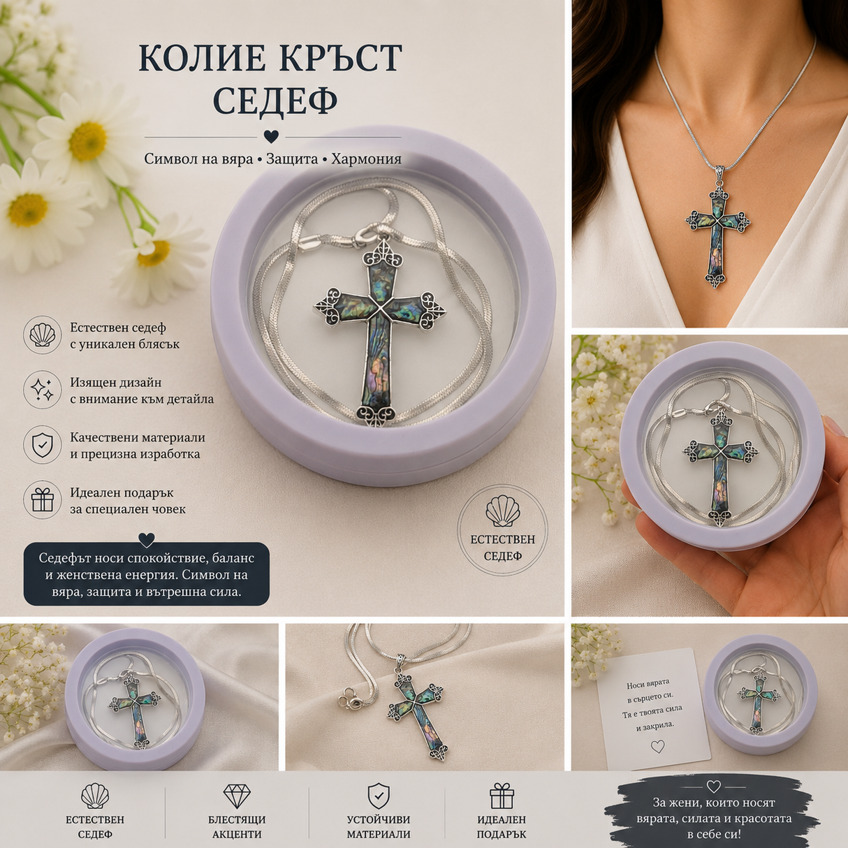 Колие кръст със седеф и ланец стомана 05359