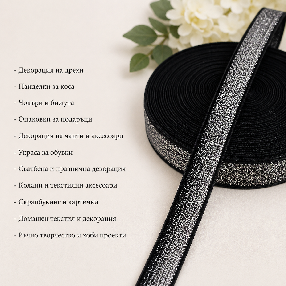 2 метра Черна кадифена лента със сребърно ламе /2см/ 03085
