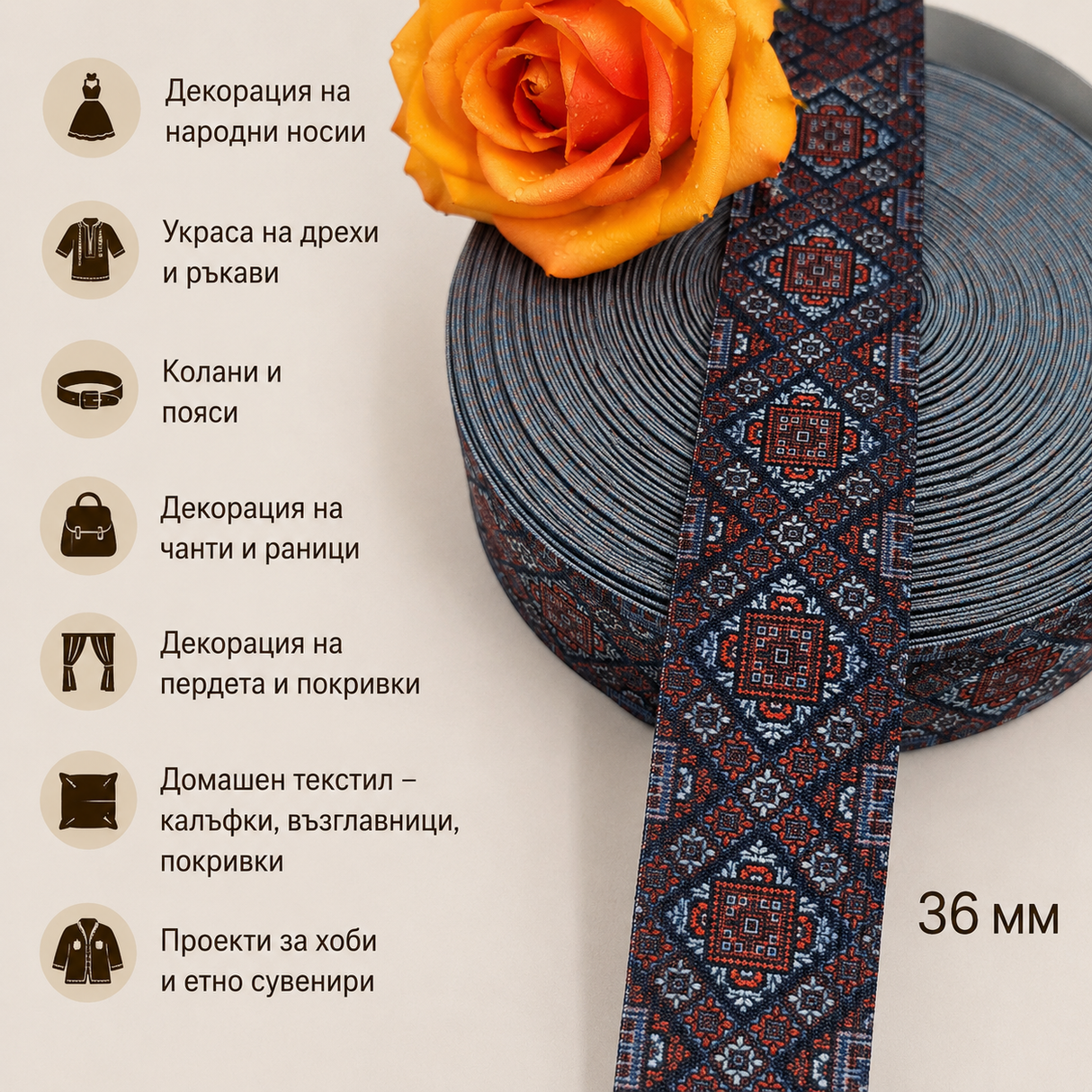 1 / 10 метра Ластик шевици /36мм/ 03483