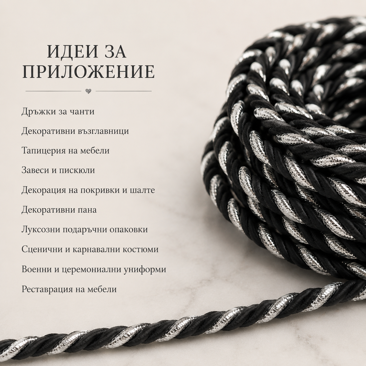 10 метра Декоративно въже /8мм/ - Черно със сребърно 02623