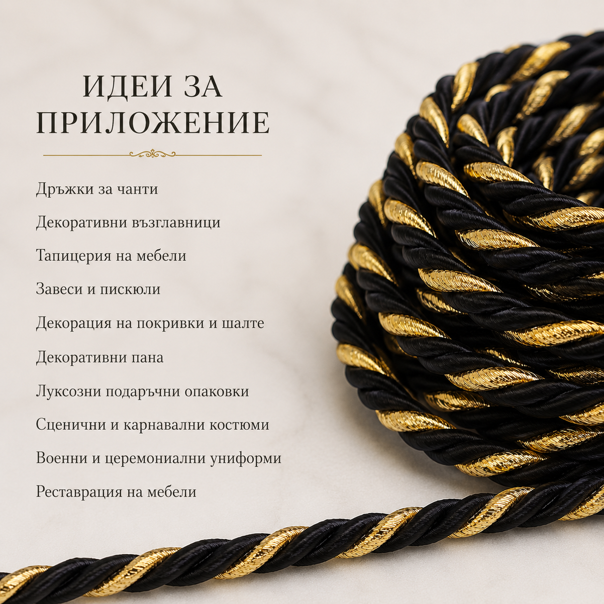 10 метра Декоративно въже Черно със златно / 8 мм / 02624