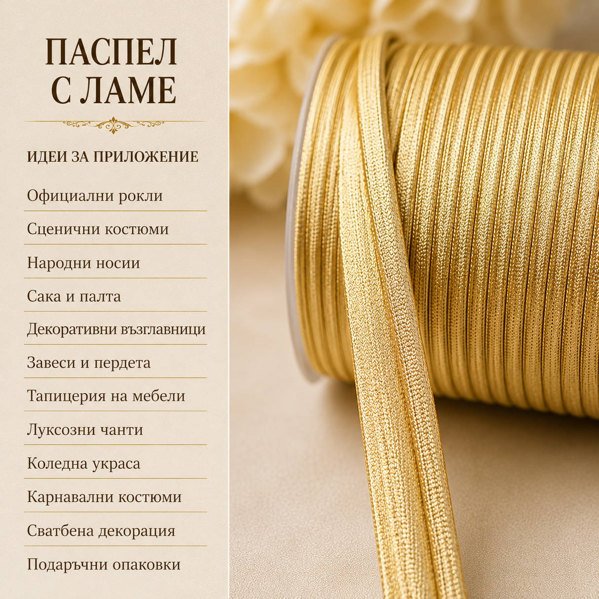 5 метра Сатениран паспел с ламе / 10 мм / - Златен 02792