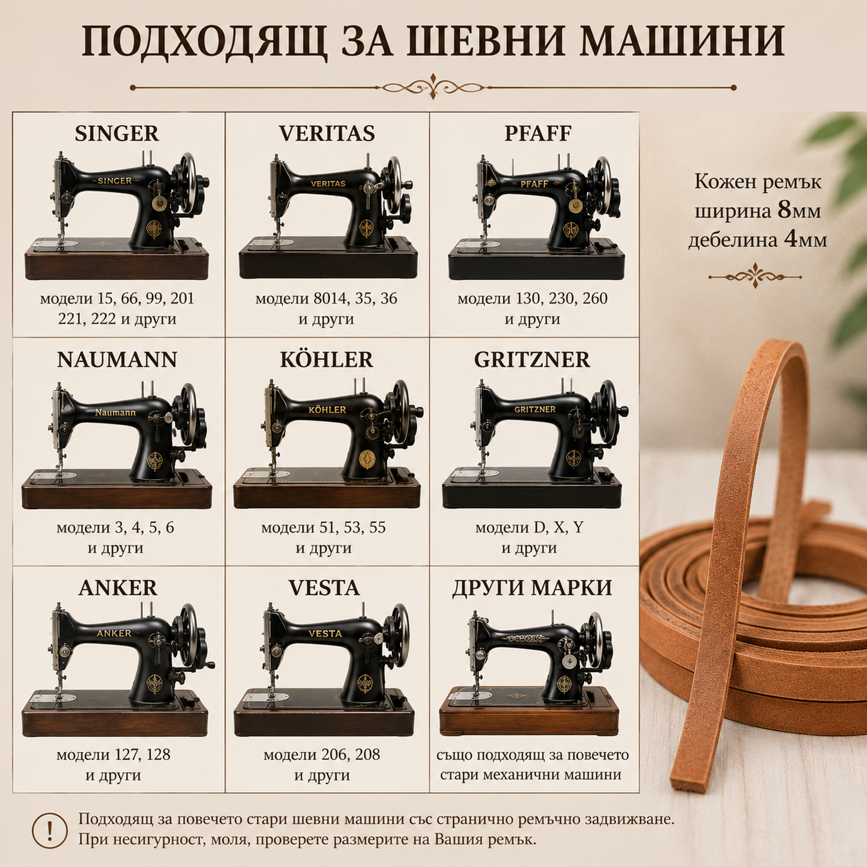 1 / 20 метра Ремък за шевна машина / 8 х 4 мм / - Естествена кожа 04587