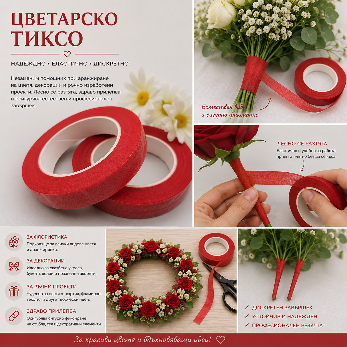 23 метра Цветарско тиксо / 12мм / - Червено 05328
