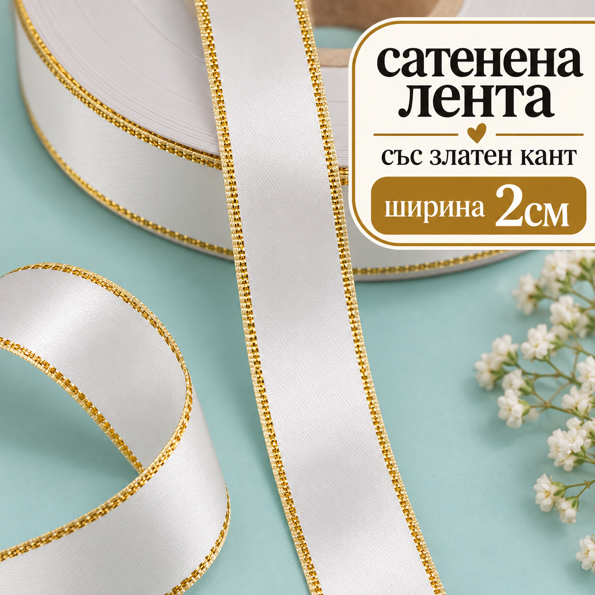10 метра Бяла сатенена лента със златен кант /20мм/ 02181