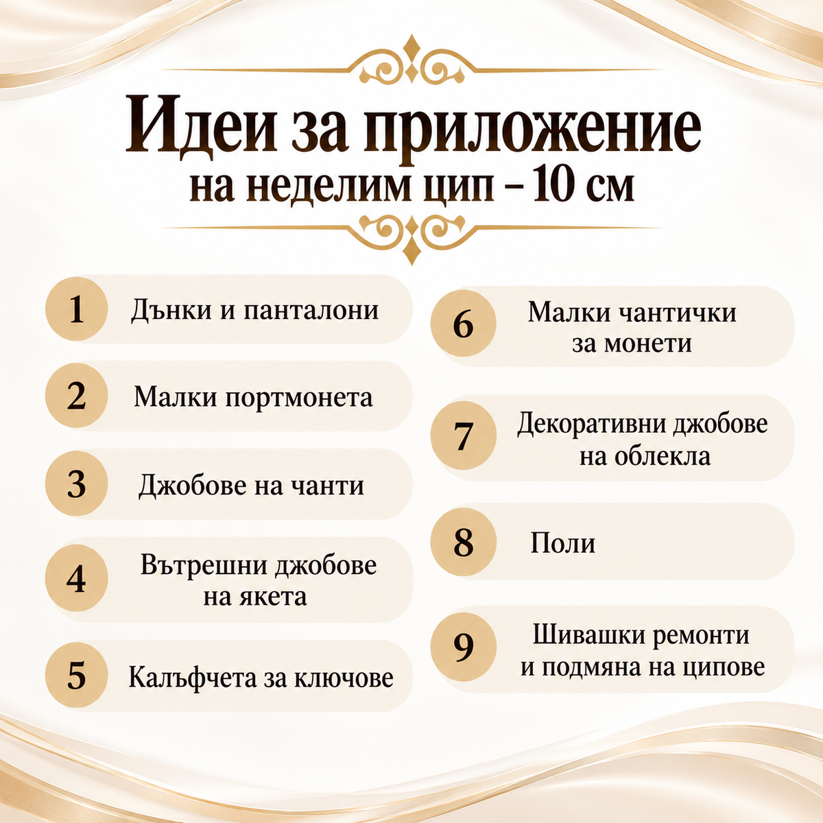 1 брой Неделим цип с метални златни зъби /14-20см/-бял 05711
