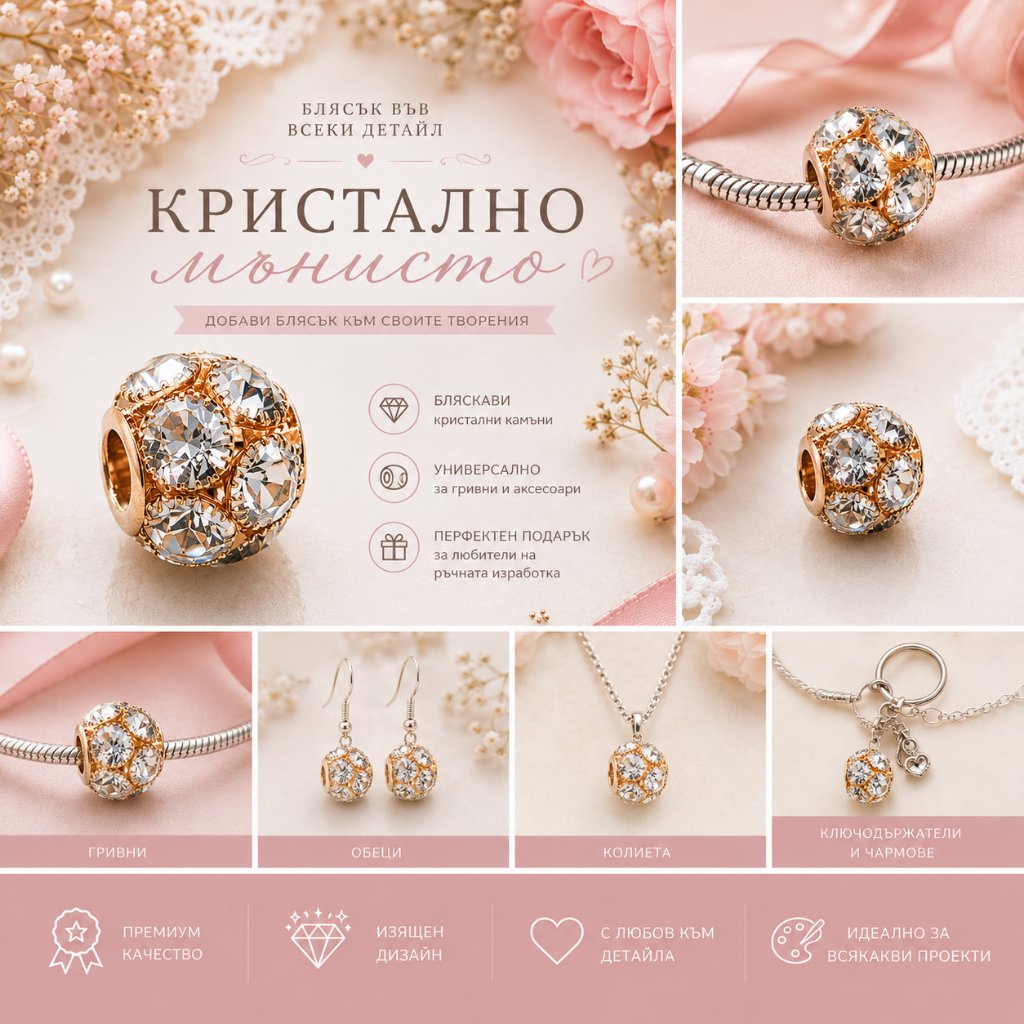 2 броя Мъниста с кристали /15мм/ - Златисти 05226