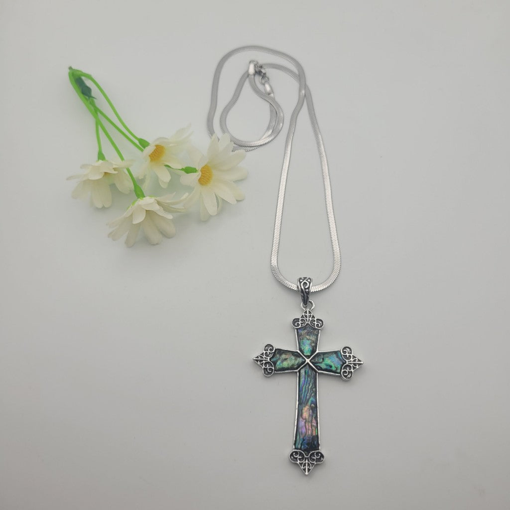 Колие кръст със седеф и ланец стомана  05359