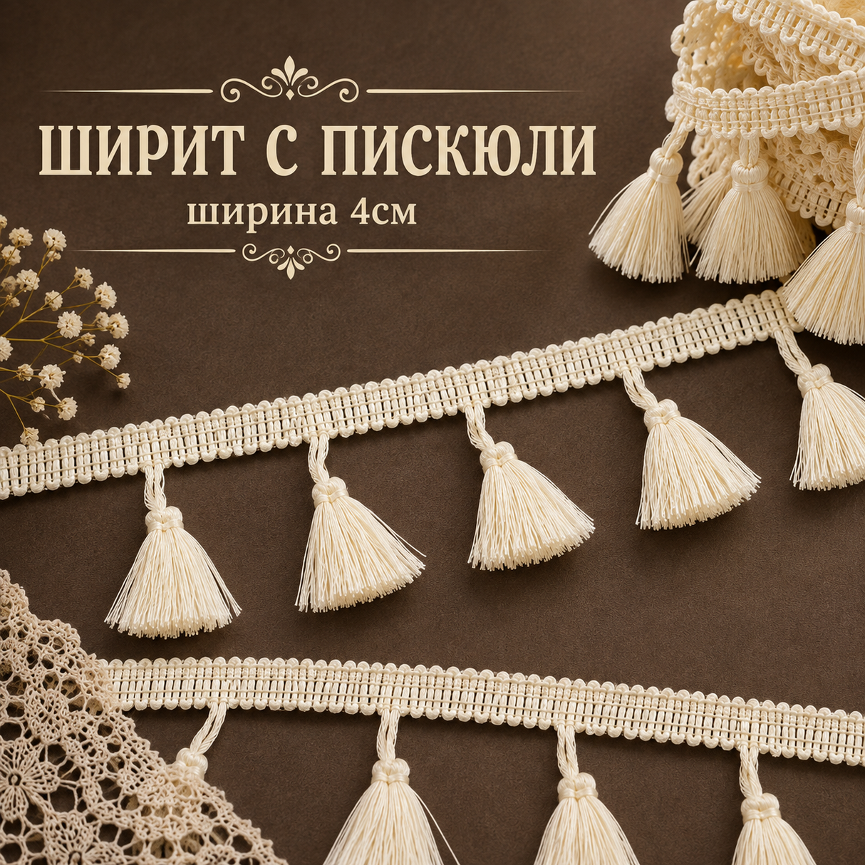 2 метра Ширит с пискюли /4см/-екрю  05565