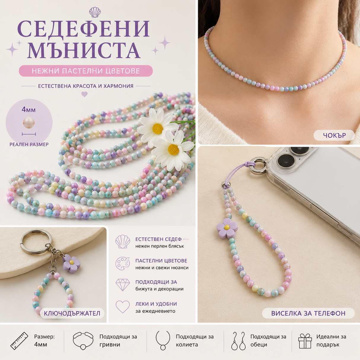 100 броя Седефени мъниста /4мм/ – пастелен микс 05371