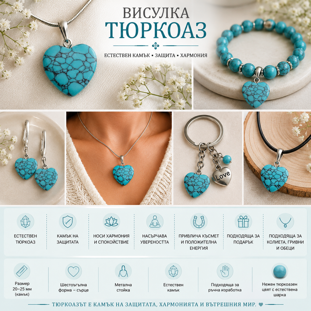 1 брой Висулка сърце тюркоаз /2см/   05374