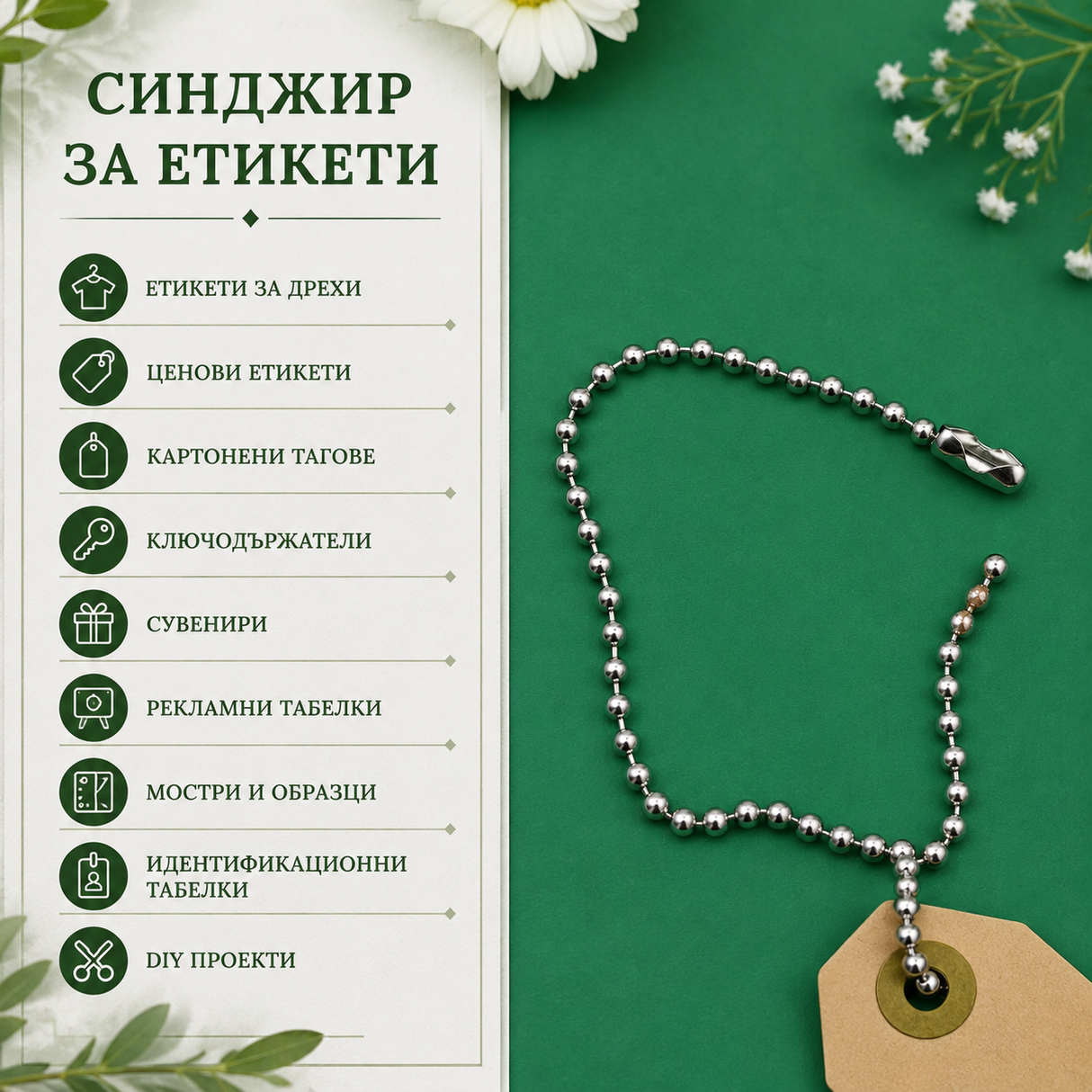 10 броя  Синджирче за етикети и тагове /14см/ - сребристо  05525