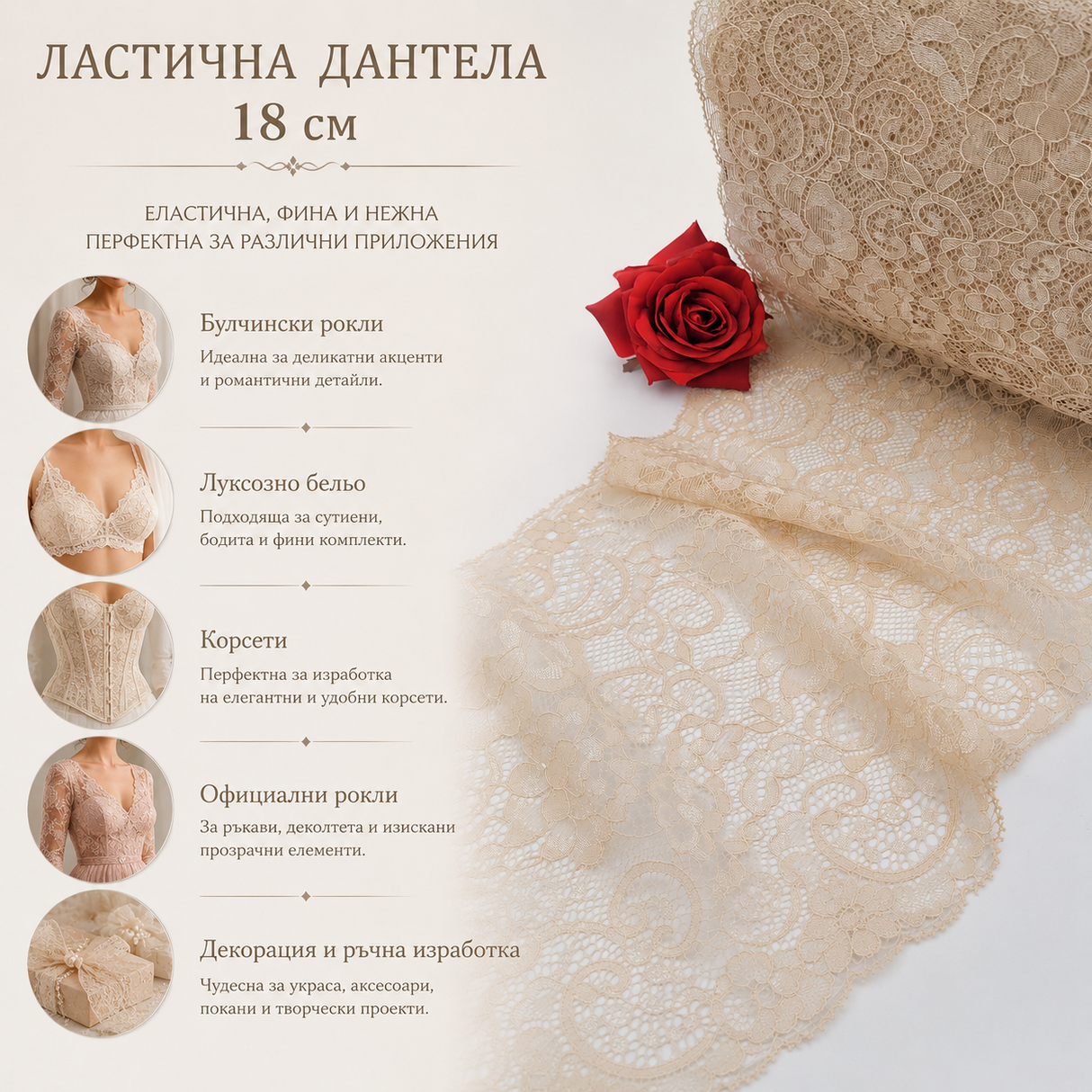1 / 5 метра Ластична дантела /18см/ - Бежово  05399