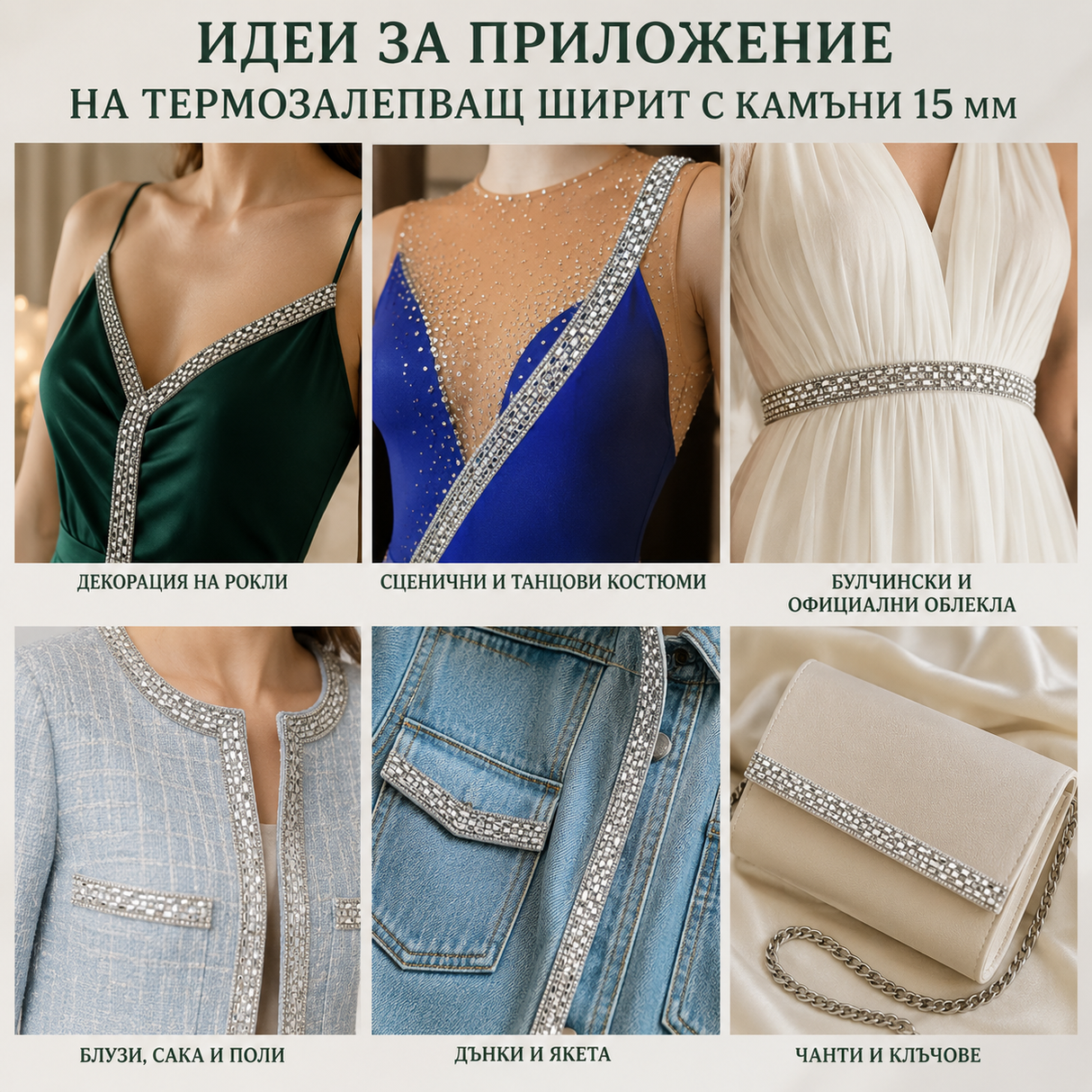 1 мътър Термозалепващ ширит с камъни /15мм/ - сребрист   05588