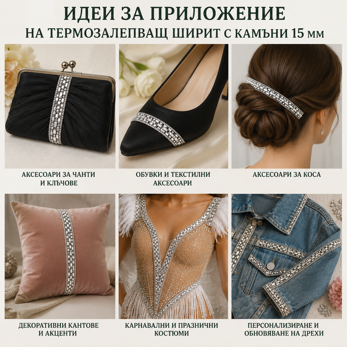 1 мътър Термозалепващ ширит с камъни /15мм/ - сребрист   05588