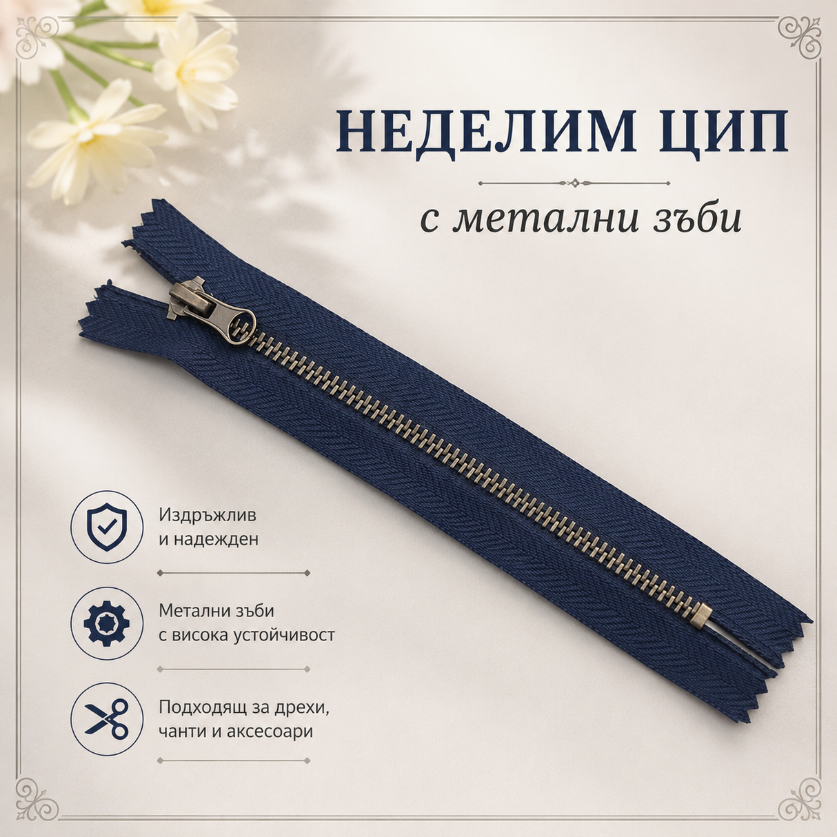 1 брой Неделим цип с метални зъби /16~18 см / - Тъмно син  01994