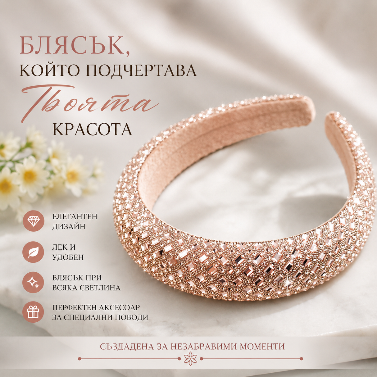 Диадема с камъни пудра  05472