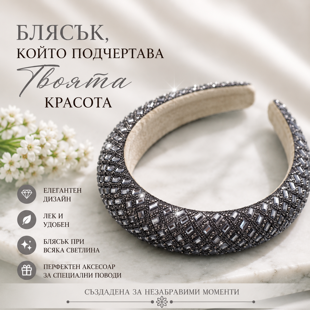 Диадема с камъни сива  05473
