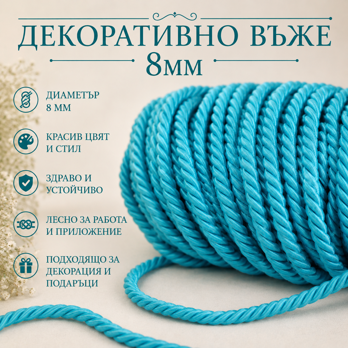 10 /50 метра Декоративно въже /8мм/-тюркоазено синьо   05476