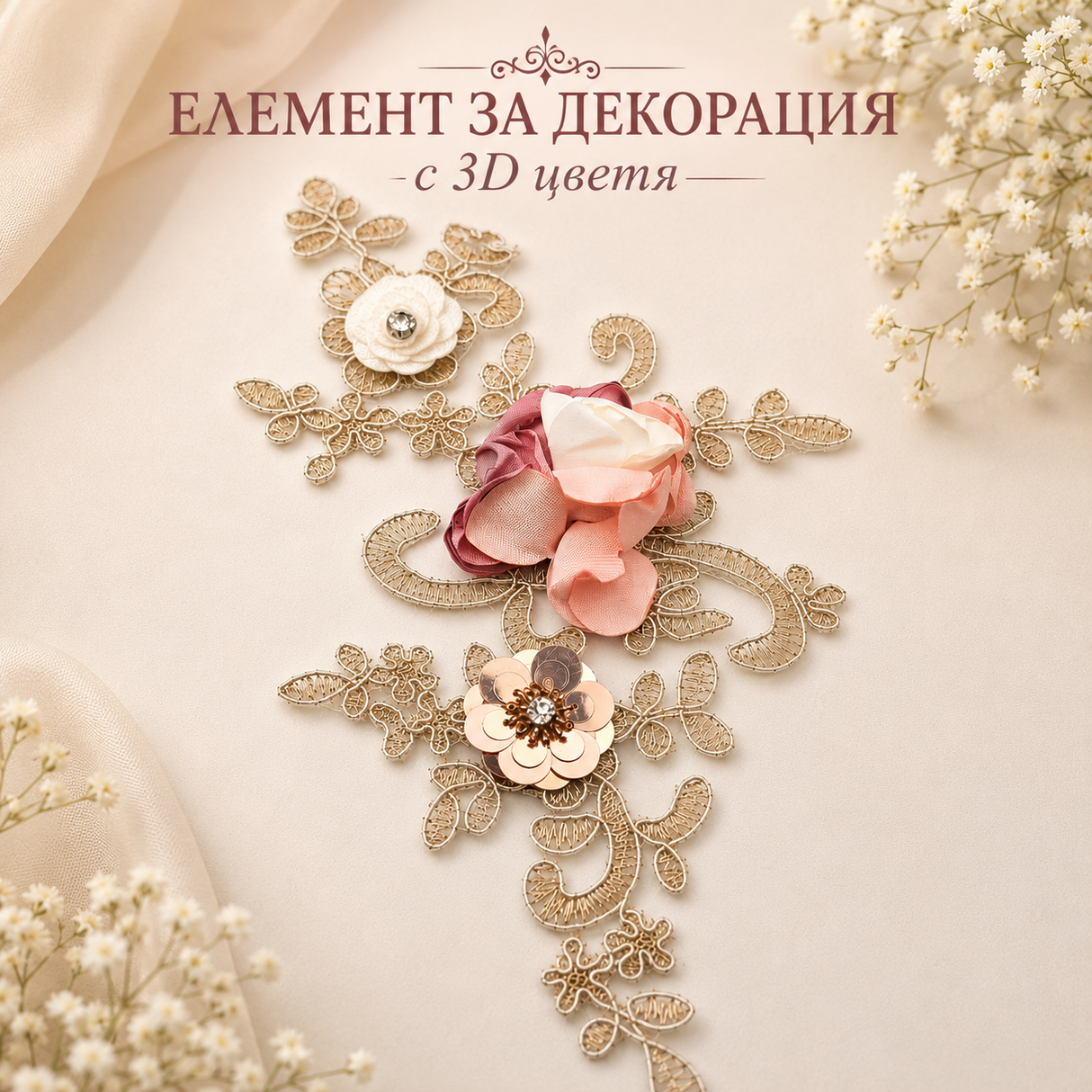 1 брой Елемент за декорация с 3D цветя  05504