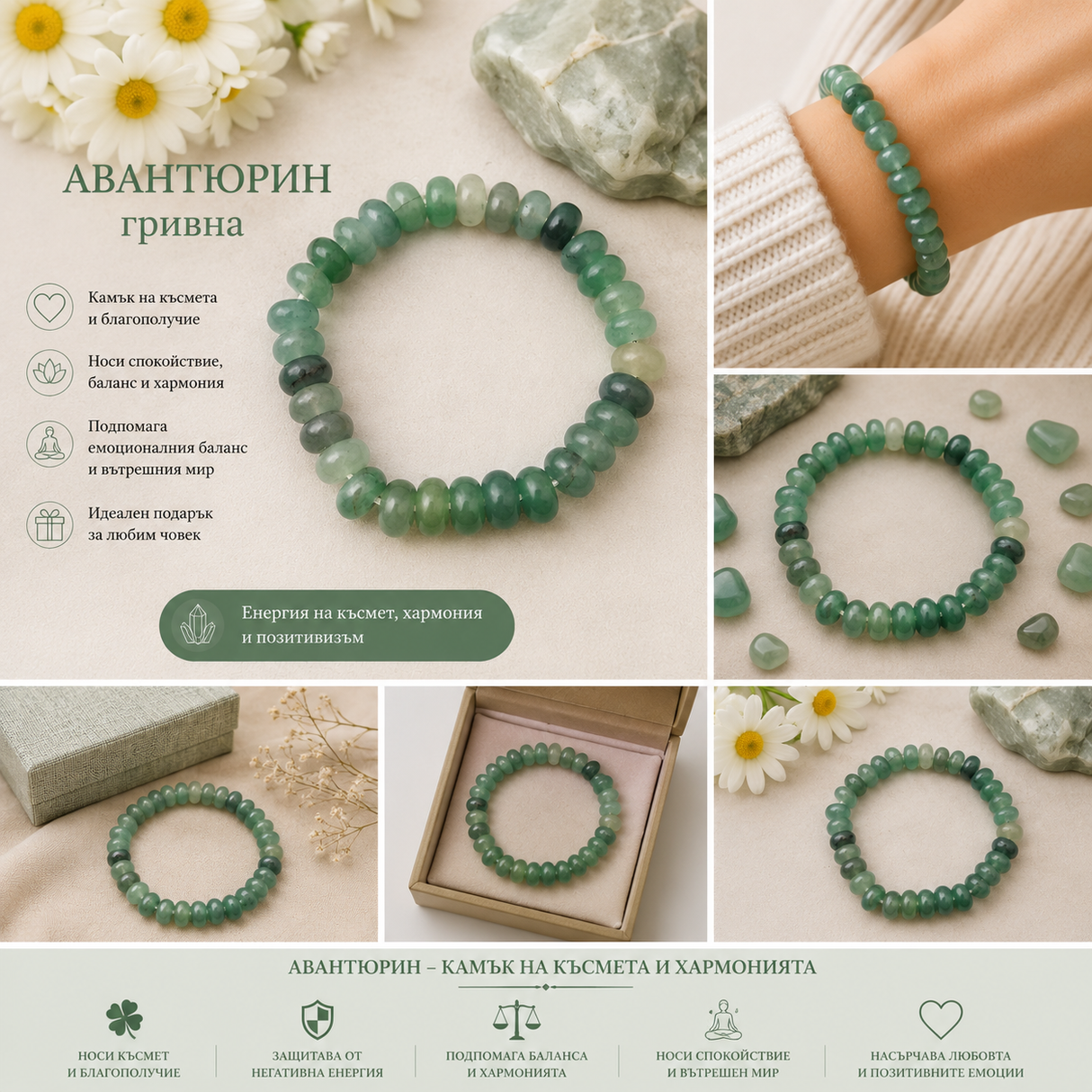 Гривна от естествен зелен авантюрин /16~22см/  05344
