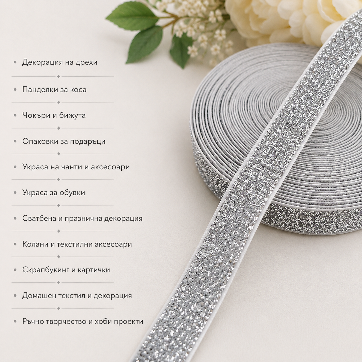 2 метра  Кадифена лента със сребърно ламе  /18мм/   02905