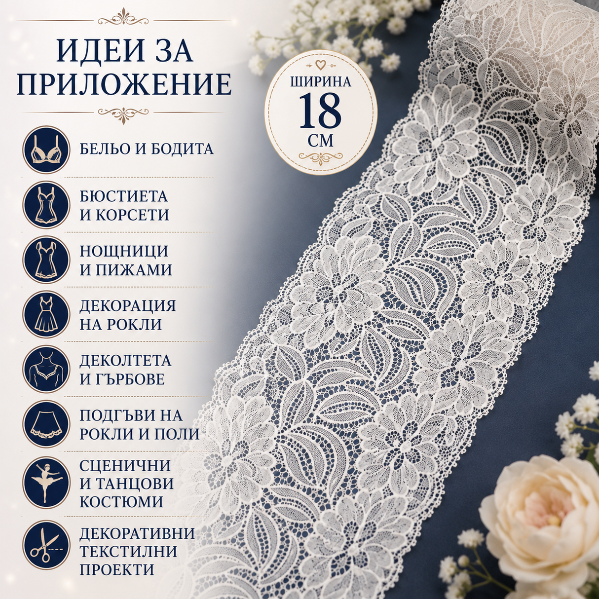 1 / 5 метра Ластична дантела / 18см / - Бяла  0999