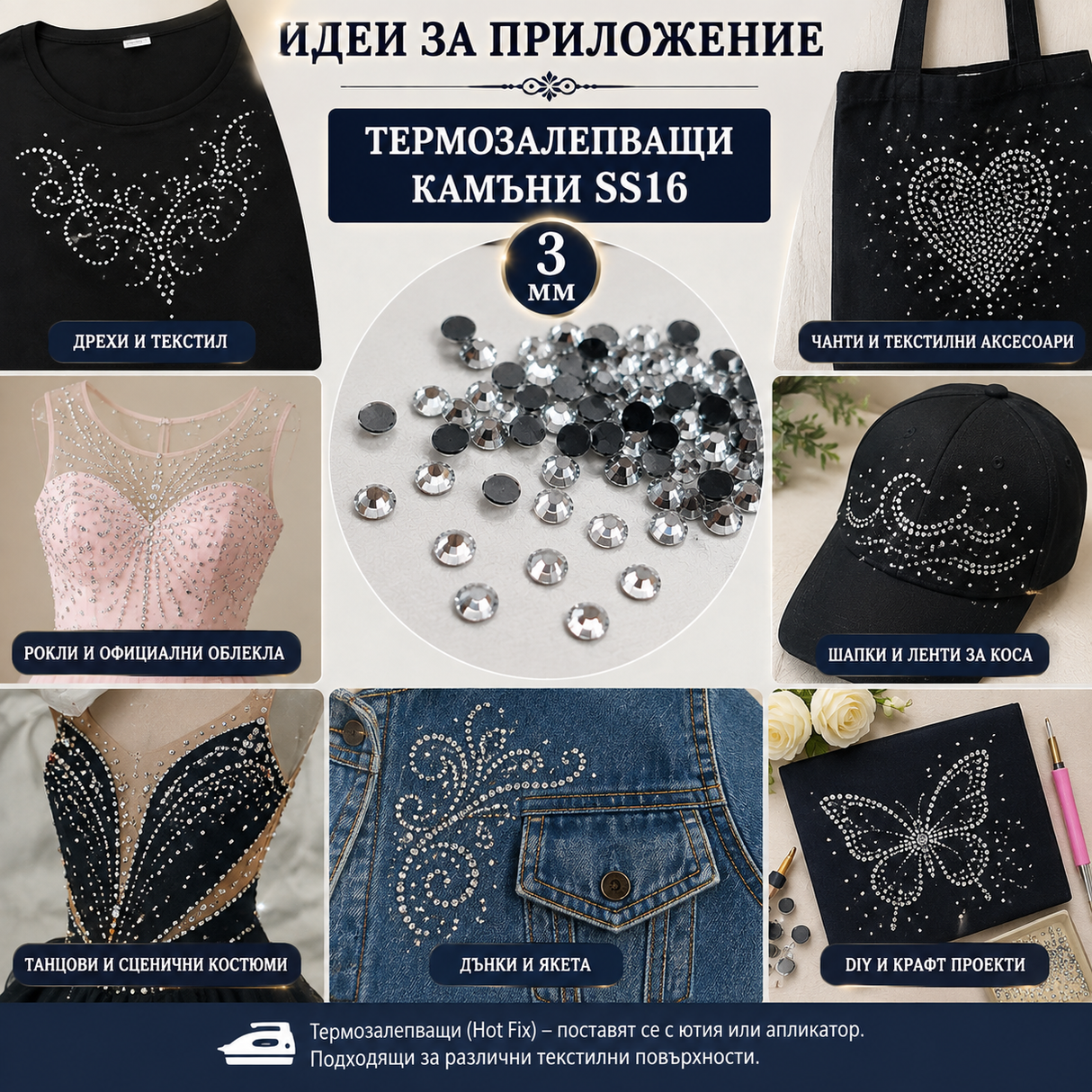 1300 броя Термозалепващи камъни / SS16 - 3мм / - Бели       01853