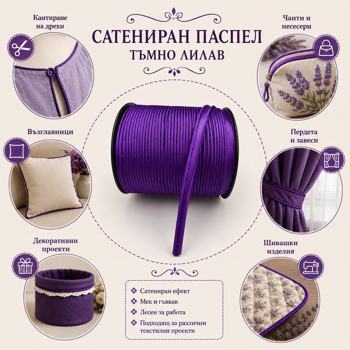 5 метра Сатениран паспел / 10 мм / - Тъмно лилав   02890