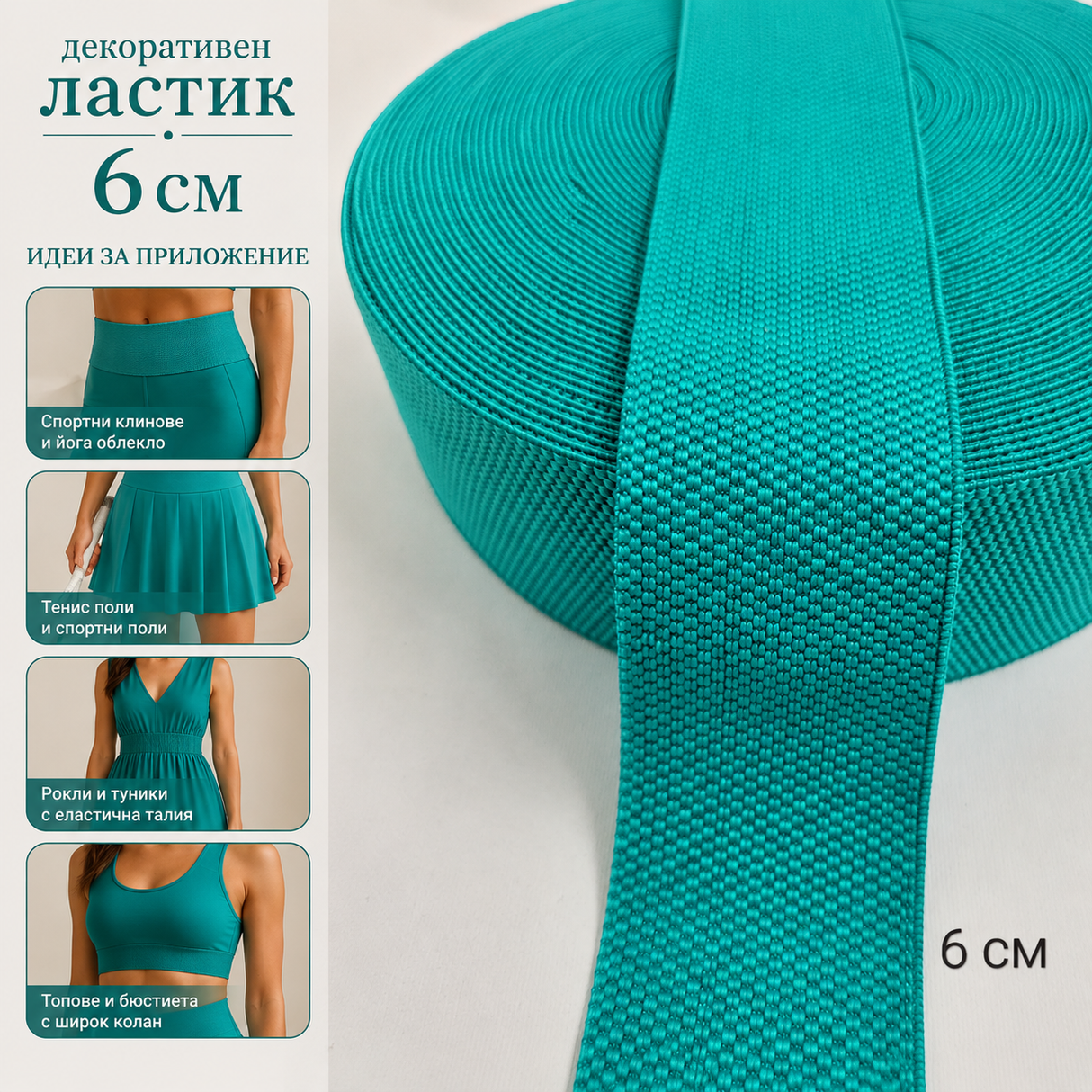 1 метър / 5 метра Декоративен ластик / 6 см / - Тюркоазено зелен   02596