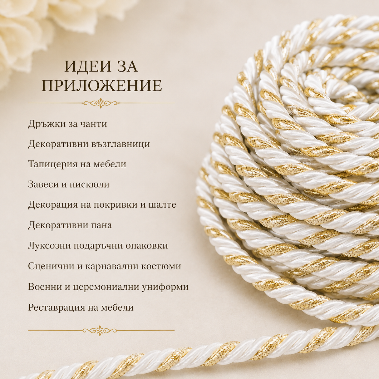 10 метра  Декоративно въже / 8 мм / -  Бяло със златно ламе       02625