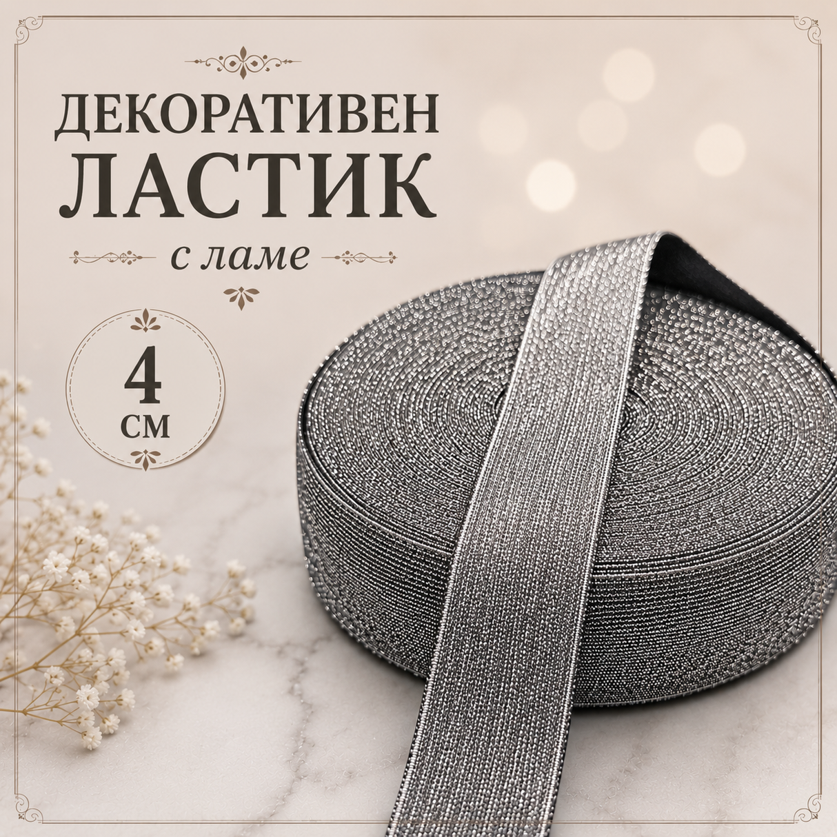 1 метър Декоративен ластик с ламе / 5~4 см / - Черен    0462