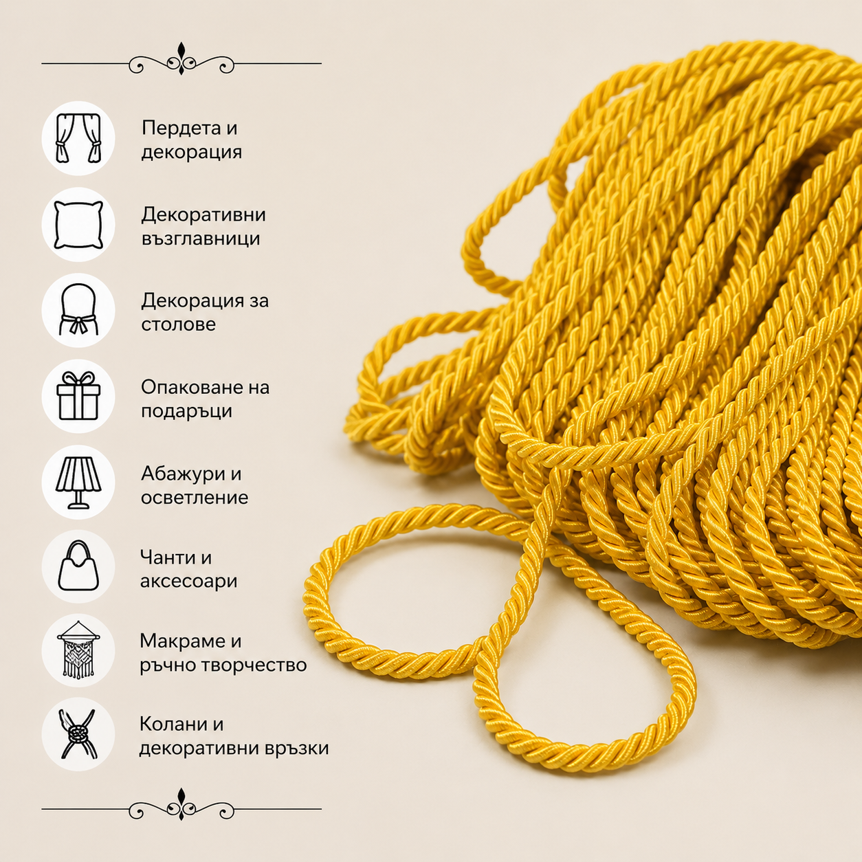 10 / 50 метра  Декоративно въже / 8мм / - жълто  0294
