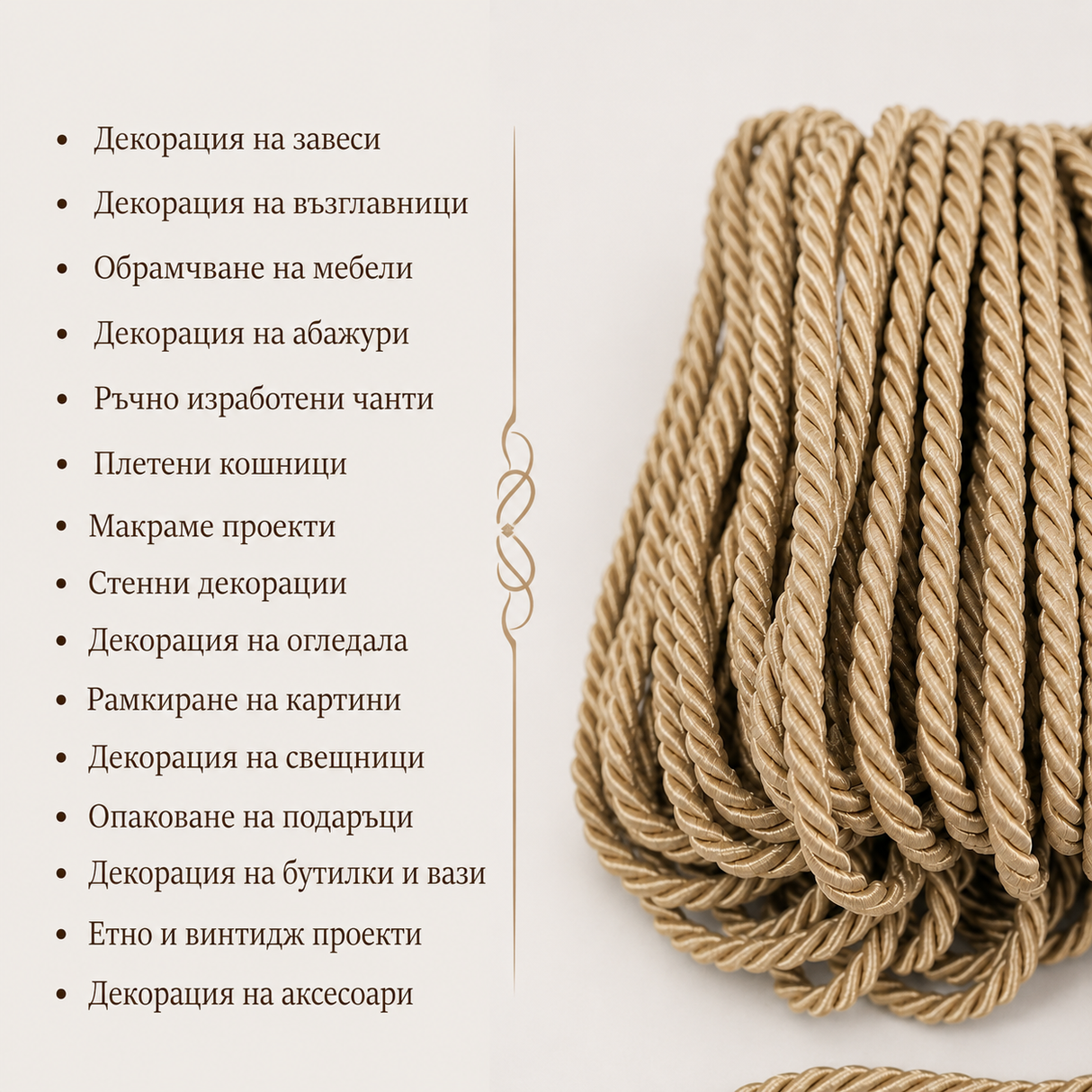 10 / 50 метра Декоративно въже / 8мм /- Бежаво  0300