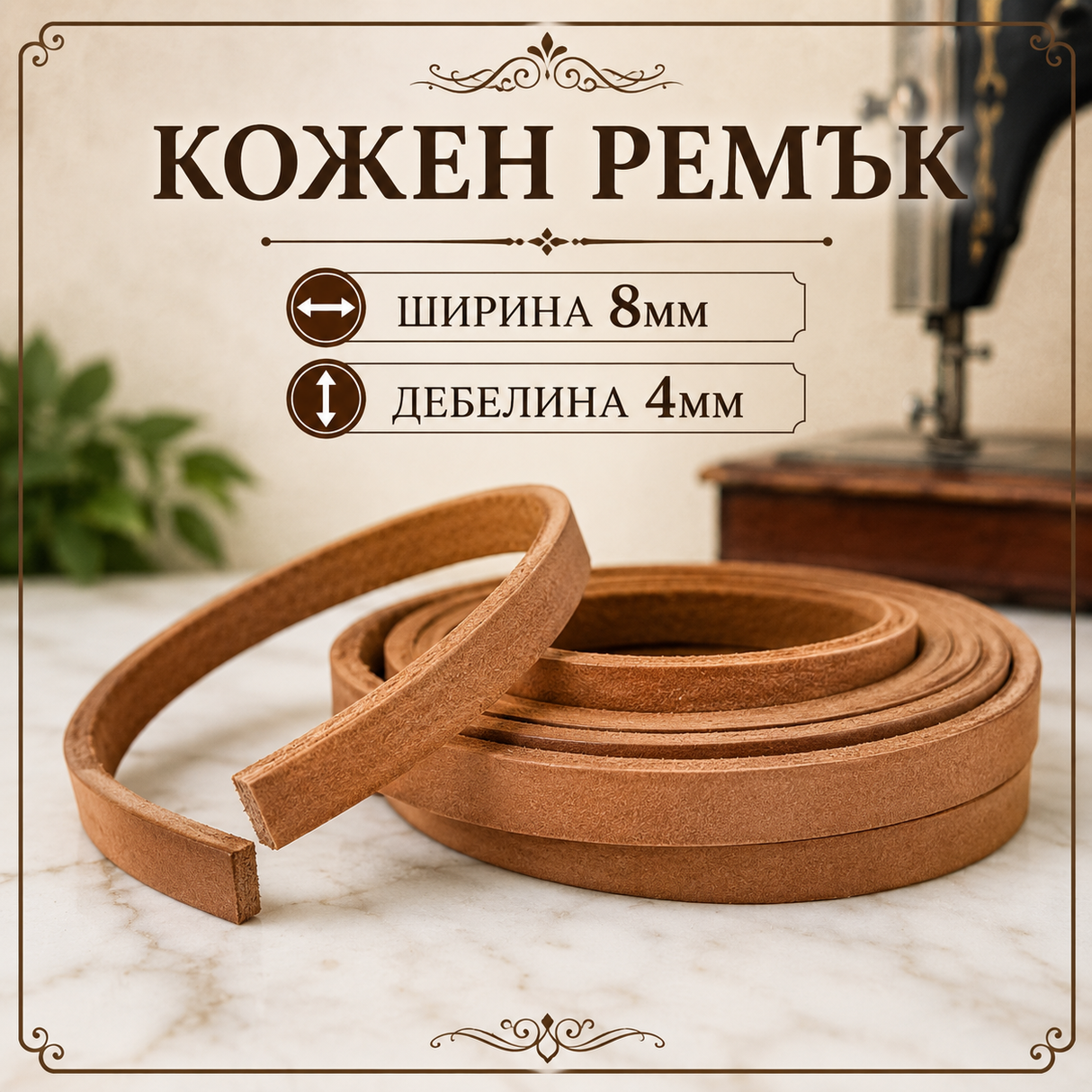 1  / 20 метра  Ремък за шевна машина / 8 х 4 мм / - Естествена кожа      04587