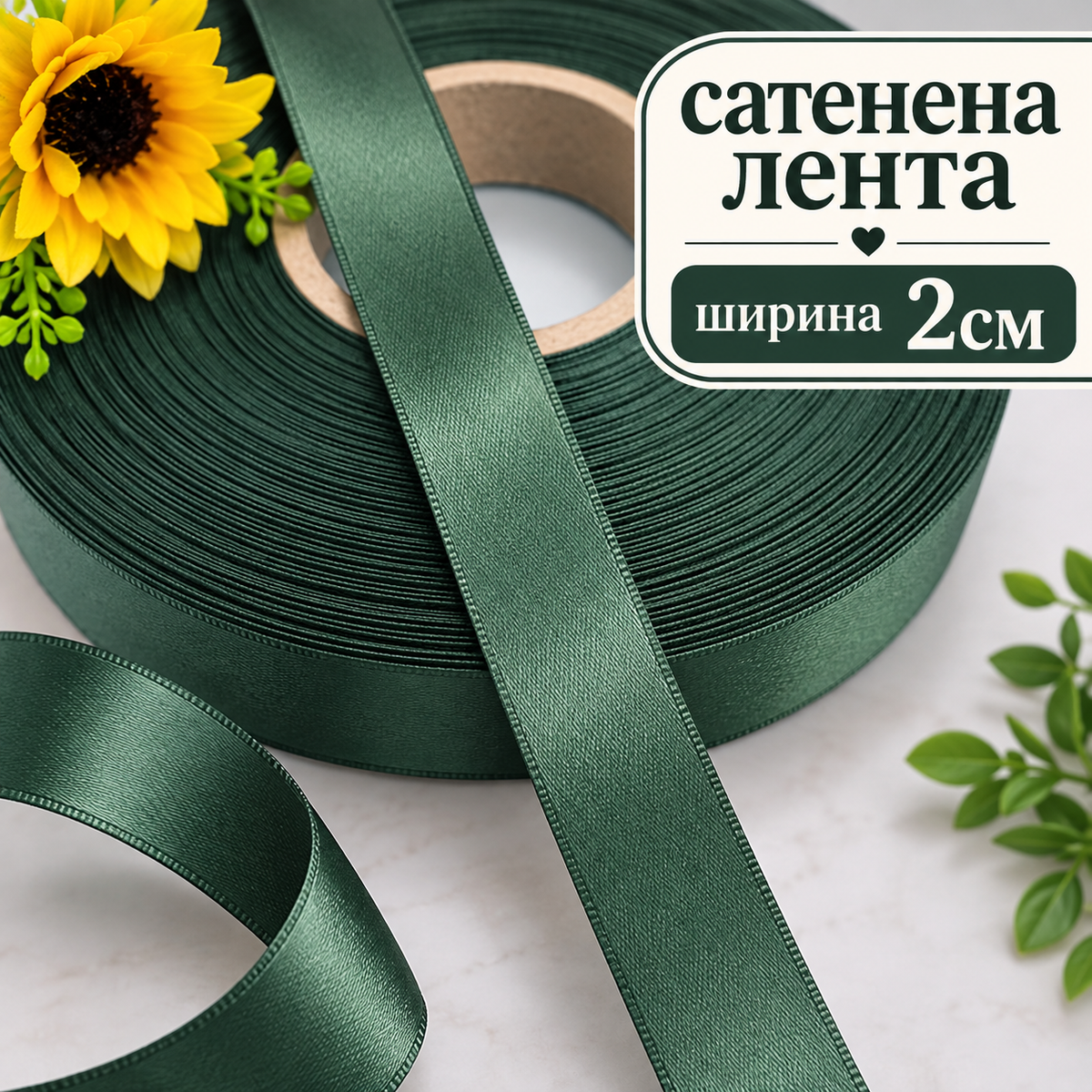 10 метра Двустранно сатенирана лента / 2 см / - Тъмно зелена 05011